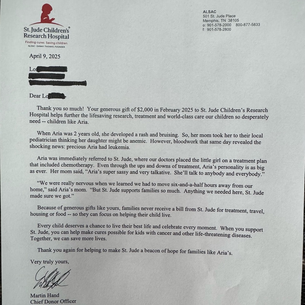 St. Jude Children's Research Hospital Donation Letter